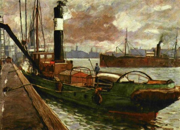 En Gronmalet Bugserdamper I Kobenhavns Havn Oil Painting by Victor Qvistorff