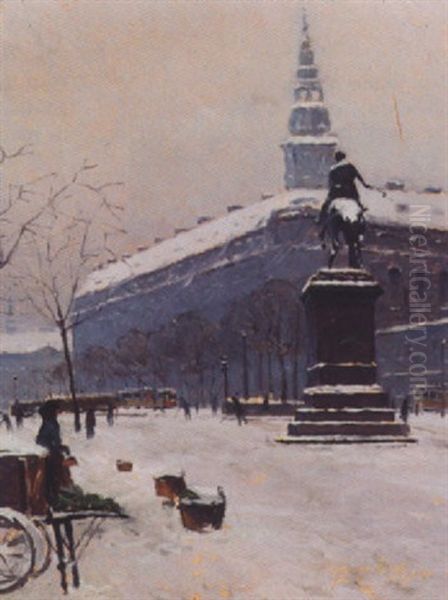 Vinterdag Pa Hojbro Plads Med Folkeliv Og Sporvogne, I Baggrunden Christiansborg Slot Oil Painting by Victor Qvistorff