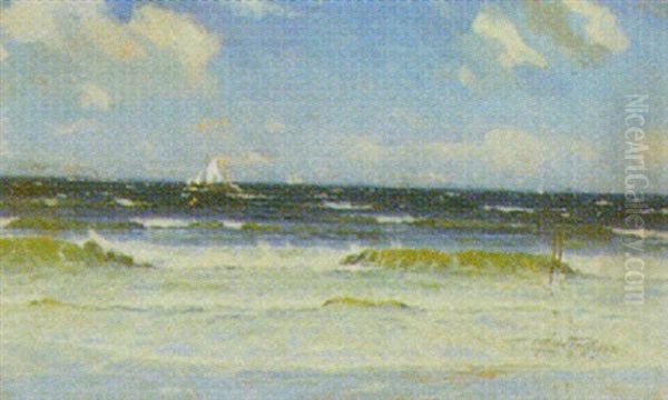 Marine Med Skibe Pa Havet, Set Fra Hundested Strand Oil Painting by Victor Qvistorff