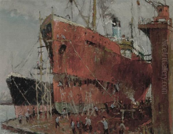 De Store Dampskibe Faerdiggores Pa Skibsvaerftet Oil Painting by Victor Qvistorff