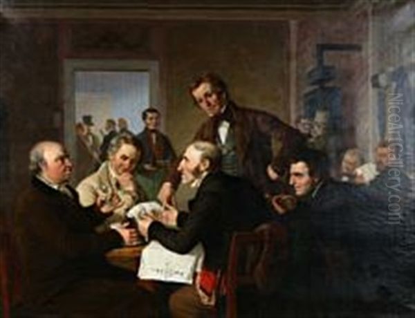 Guests At A Bar Discussing Politics Oil Painting by Peter Johann Raadsig