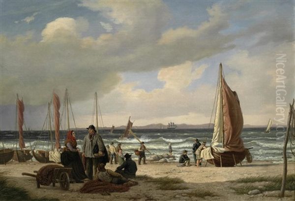 Fisherfolk On A Beach Oil Painting by Peter Johann Raadsig
