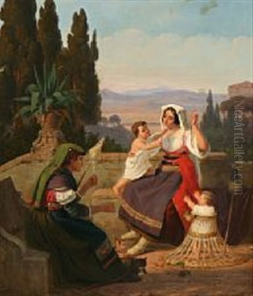 Roman Family Idyll With A Mother And Two Small Children Visiting Grandmother Oil Painting by Peter Johann Raadsig