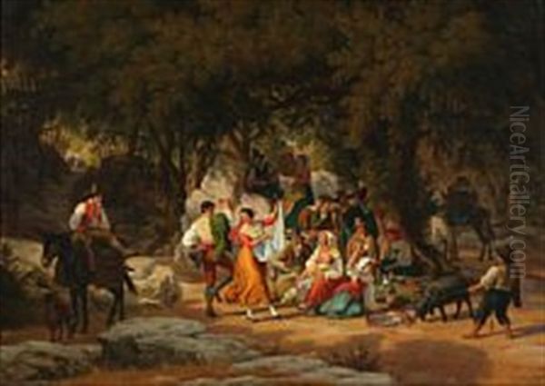 Italian Villagers On A Picnic In The Forest Oil Painting by Peter Johann Raadsig