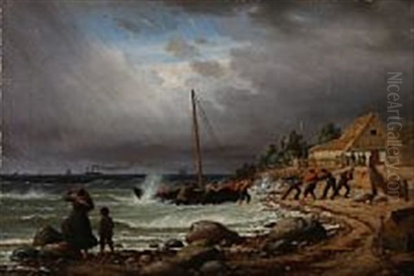 The Fishing Boat Is Drawns Ashore Oil Painting by Peter Johann Raadsig