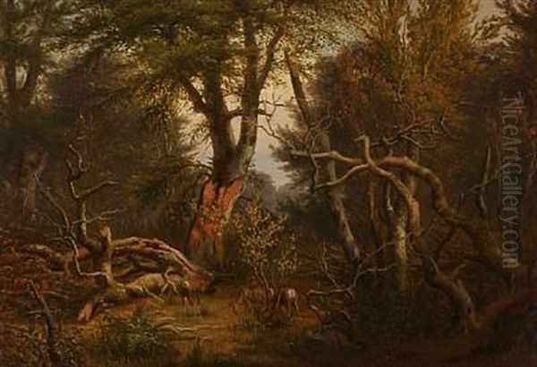 Autumn Forest With Deer Oil Painting by Peter Johann Raadsig