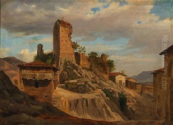 Scenery With A Ruin In Olevano, Italy Oil Painting by Peter Johann Raadsig