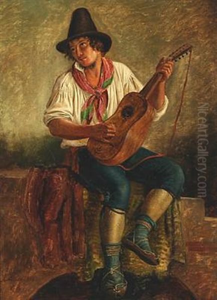 Italian Mandolin Player Oil Painting by Peter Johann Raadsig