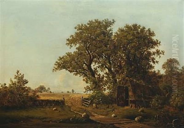 A Cottage Near Old Oak Trees And Cornfields Oil Painting by Peter Johann Raadsig