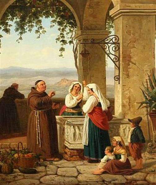 Italian Landscape With Women And Monks By The Well Oil Painting by Peter Johann Raadsig