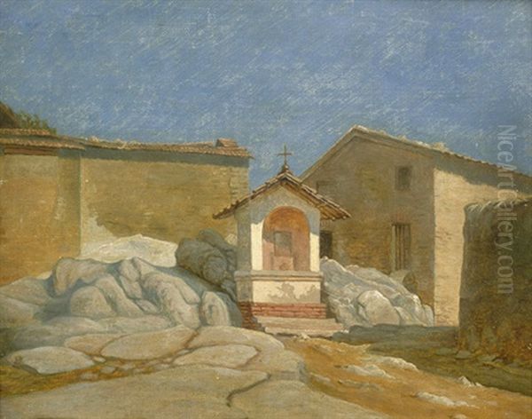 Kleine Kapelle In Einem Italienischen Dorf In Der Romischen Campagna Oil Painting by Peter Johann Raadsig