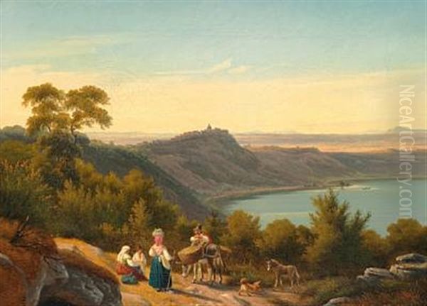 Udsigt Over Albanersoen Til Castel Gandolfo Og Den Romerske Campagne (view Over Lake Albano To Castel Gandolfo And The Roman Campagna) Oil Painting by Peter Johann Raadsig