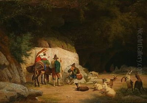 Scene From Italy With Goat Herders In Conversation In Front A Cave Oil Painting by Peter Johann Raadsig