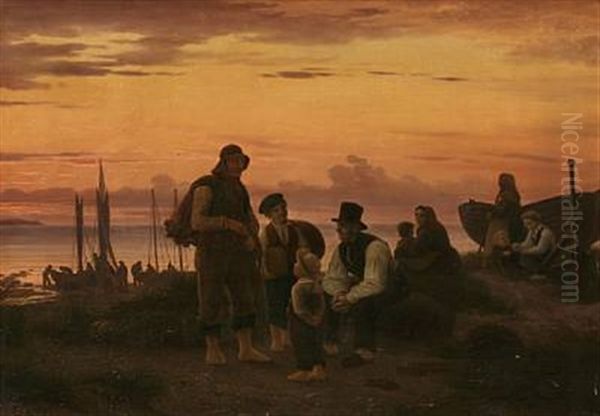 The Fishermen Of Hornbaek Gathering In The Evening After A Workday Oil Painting by Peter Johann Raadsig