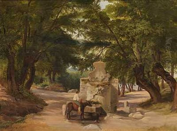 Parti Fra Italien, Et Aesel Vandes Ved En Fontaene Oil Painting by Peter Johann Raadsig