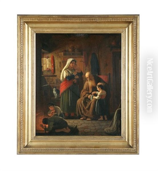 En Gammel Tiggermunk Indsamler Almisse, Kvinde Med Barn Ser Pa Oil Painting by Peter Johann Raadsig