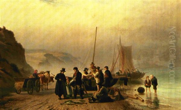 Fiskere Pa Stranden Saelger Deres Fangst Oil Painting by Peter Johann Raadsig