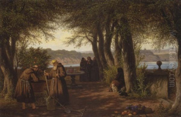 Sysselsatte Munke Pa En Terrasse Ved Albanersoen Oil Painting by Peter Johann Raadsig