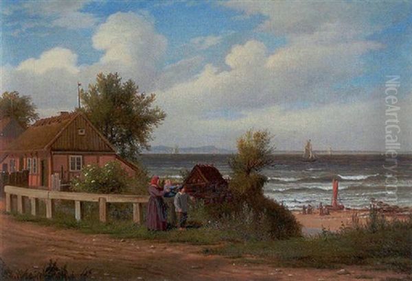 Kystparti Med Huse Og Figurer Oil Painting by Peter Johann Raadsig