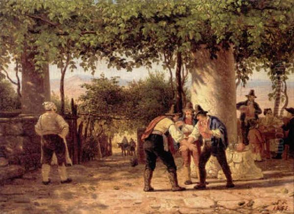 Fra Et Italiensk Osteri I Bjergene, I Forgrunden Tre Maend, Der Spiller Terre Oil Painting by Peter Johann Raadsig