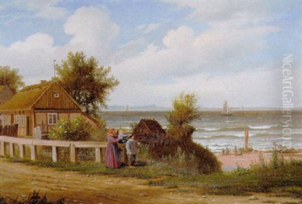 Nordsjaellandsk Kystparti Med En Mor Med Sine Smaborn, Der Afventer Faderens Hjemkomst Fra Sundet Oil Painting by Peter Johann Raadsig
