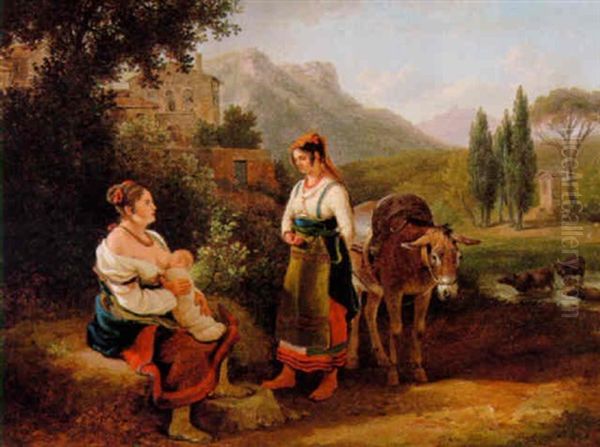 To Italienerinder, Der Holder Hvil I Vejkanten Oil Painting by Peter Johann Raadsig
