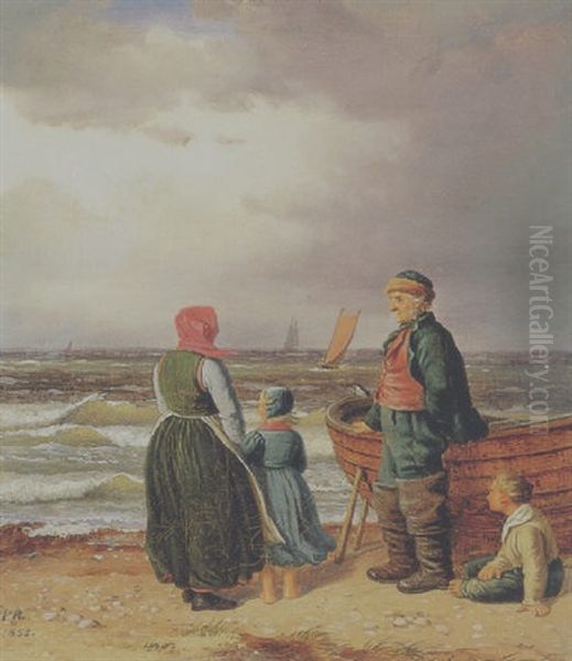 En Fiskerfamilie Ved Stranden Oil Painting by Peter Johann Raadsig