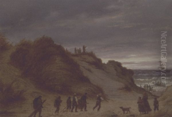 Skibsforlis Ved Skagen, Med Talrige Personer Pa Vej Gennem Klitterne Til Stranden Oil Painting by Peter Johann Raadsig