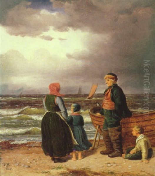 En Fiskerfamilie Pa Stranden Oil Painting by Peter Johann Raadsig
