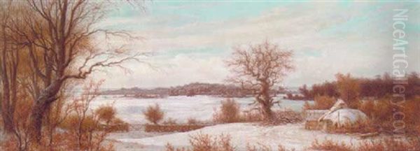 Vinterlandskab Med Udsigt Over Sneklaedte Marker Oil Painting by Peter Johann Raadsig