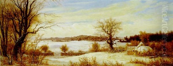 Udsigt Over Vinterlandskab Med Strataekt Hus Og Krogede Traeer I Forgrunden Oil Painting by Peter Johann Raadsig