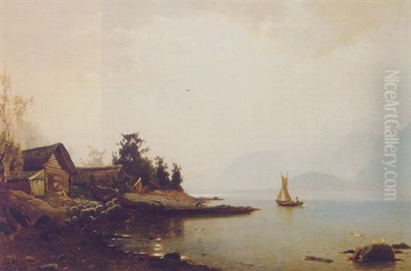 A Small Boat In A Lake Landscape Oil Painting by Peter Johann Raadsig