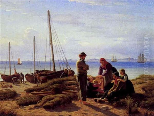 Fiskerfamilie Pa Stranden Oil Painting by Peter Johann Raadsig