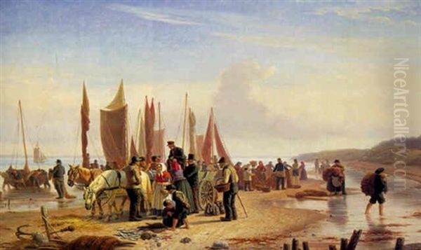 Fiskere Fra Hornbaek, Som Ere Komne Hjem Fra Sildefiskerie Oil Painting by Peter Johann Raadsig