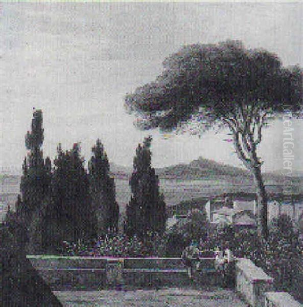 Italiensk Landskab Med Figurer Pa En Terrasse Omgivet Af Appelsintraeer Oil Painting by Peter Johann Raadsig
