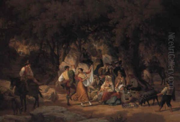 Folkelivscene Med Italienere Pa Skovtur Oil Painting by Peter Johann Raadsig