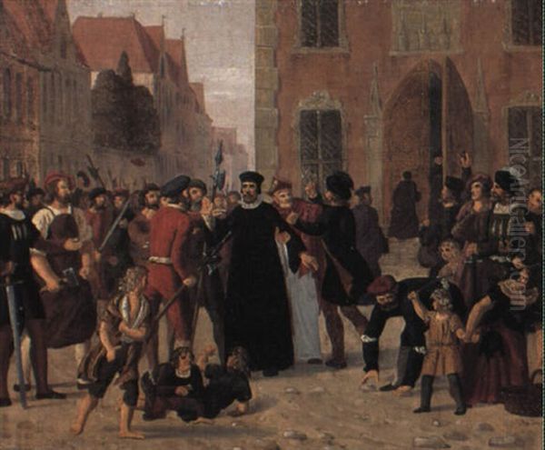 Hans Tausen Beskytter Biskop Joachim R+nnow Oil Painting by Peter Johann Raadsig