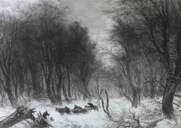 Winter Forest Landscape With Horse Sled And Travelers Oil Painting by Peter Johann Raadsig