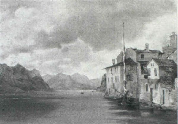 Motiv Fra Albanisoen Med Huse Og Sejlskibe Oil Painting by Peter Johann Raadsig