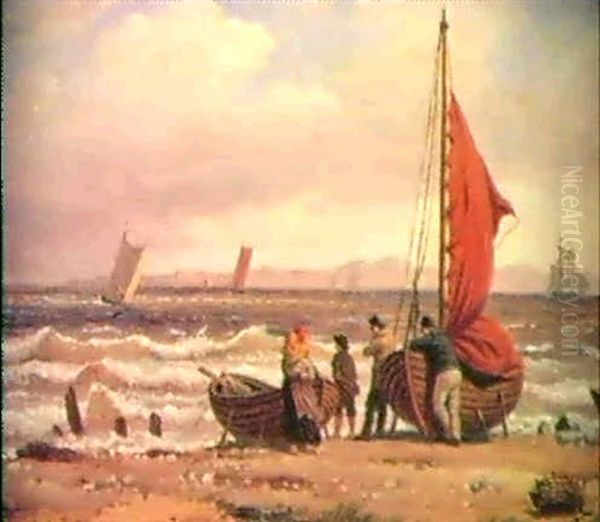 Fiskerfamile Ved Bade Pa Stranden Oil Painting by Peter Johann Raadsig