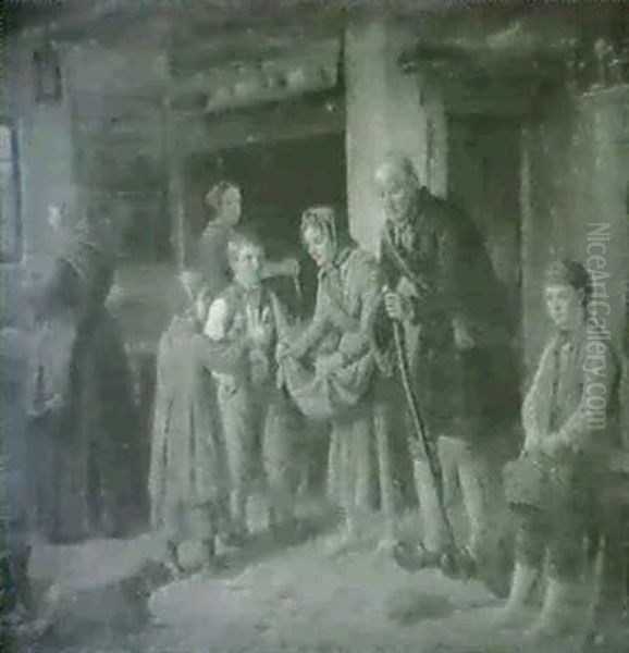 Fattigfolk Modtager Almisse                                 I Et Landsbykokken Oil Painting by Peter Johann Raadsig