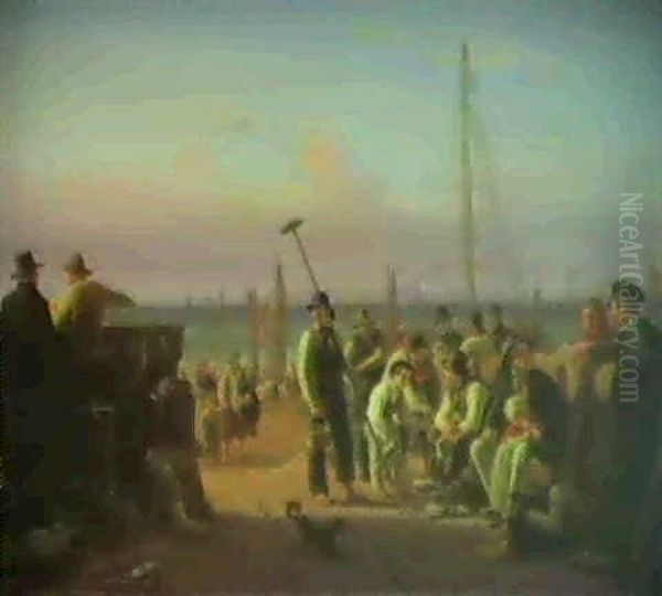 Fiskere Pa Hornbaek Strand Oil Painting by Peter Johann Raadsig