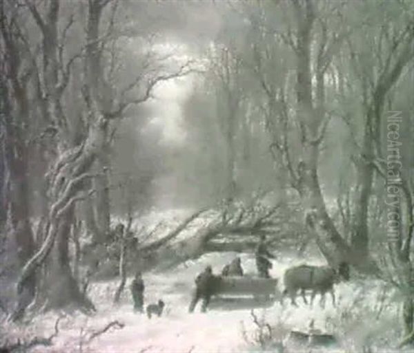 Hestekoretoj Pa En Skovvej En Vinterdag Oil Painting by Peter Johann Raadsig