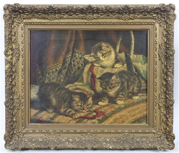 Drie Katjes Spelend Met Draden Rode Wol Oil Painting by Cornelis Raaphorst