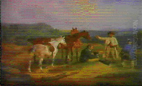 Der Richtige Weg (inmitten Markischer Landschaft Hat Eine   Gruppe Reisender Eine Unfreiwillige Rast Eingelegt) Oil Painting by Edmund Friederich Theodor Rabe