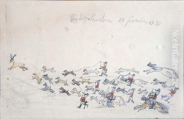 Hetzjagd Auf Einen Hirsch, Kinderzeichnung Mit Bleistift Und Buntstiften Oil Painting by Victor Napoleon Bonaparte