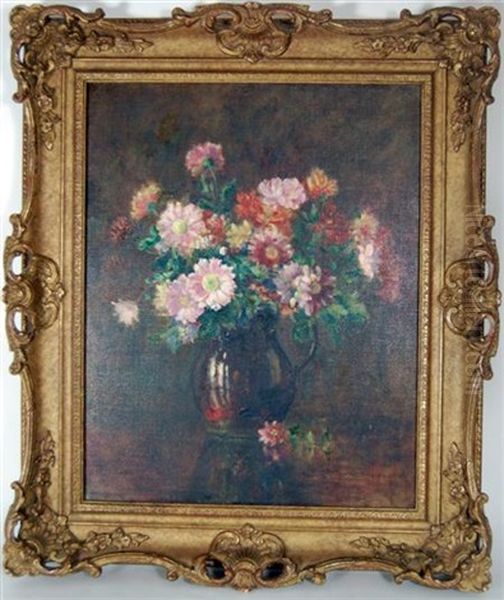 Jug Of Chrysanthemums Oil Painting by Agnes Middleton Raeburn