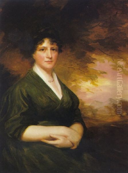 Portrait Of Harriet Bruhl, Seated In A Landscape, Wearing A Dark Grey Dress Oil Painting by Sir Henry Raeburn