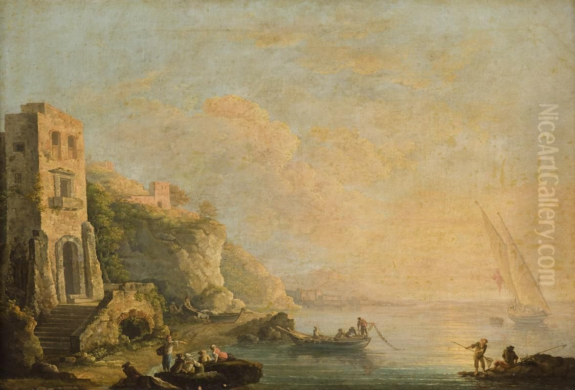 A) Pescatori All'alba A Marechiaro Con Vesuvio E Castel Dell'ovo Sullo Sfondo Oil Painting by Carlo Bonavia