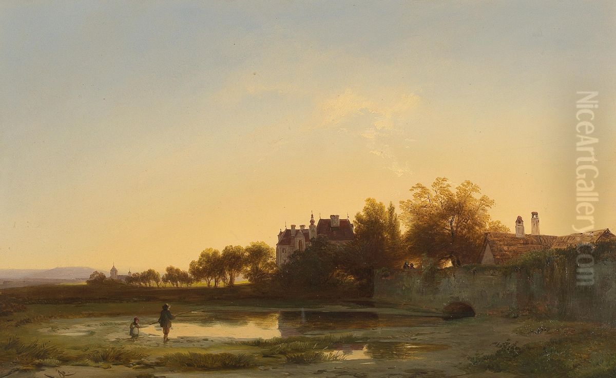 Angler In The Evening Light By The Castle Pond Oil Painting by Ignaz Raffalt